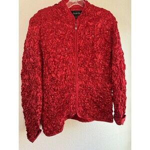 Scarlett Nite Women’s Red Satin Sequin Quilt Crinkle Zipper Long Sleeve Jacket